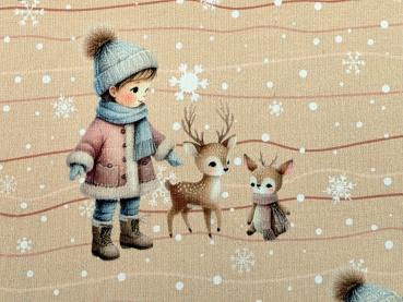 Eigenproduktion Baumwolljersey Winter Kind mit Rehkitzen auf Braunbeige